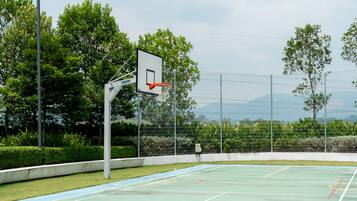 Una cancha de baloncesto al aire libre con una valla de malla, árboles y cielo despejado.