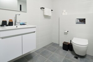 Hair dryer, towels, soap, shampoo
