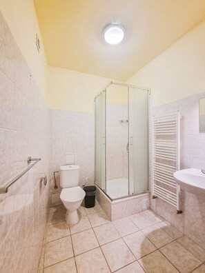 Shower, hair dryer, shampoo, toilet paper
