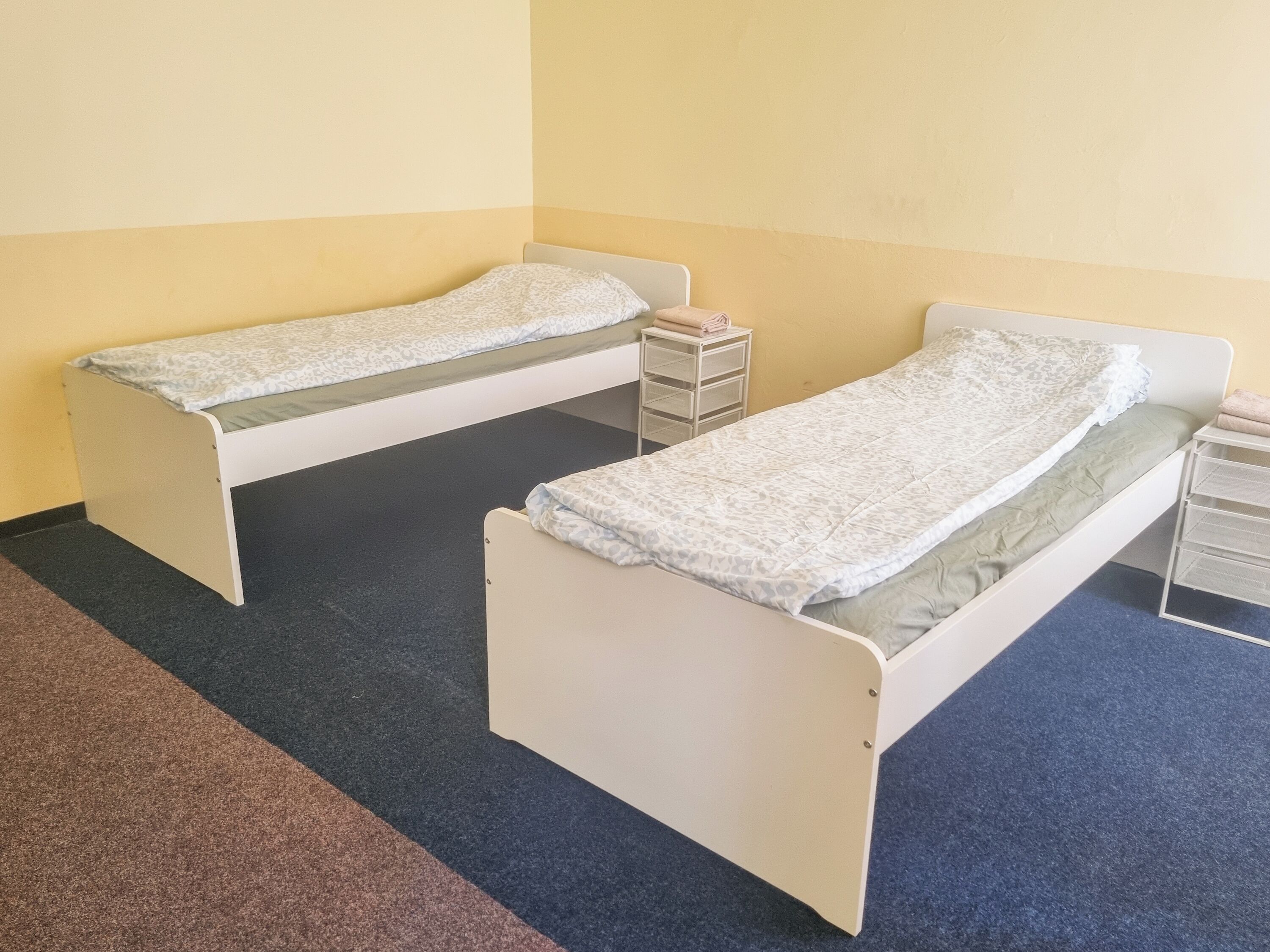 Two single beds with white frames and patterned bedding, a small white shelf unit, and a dark blue carpet.