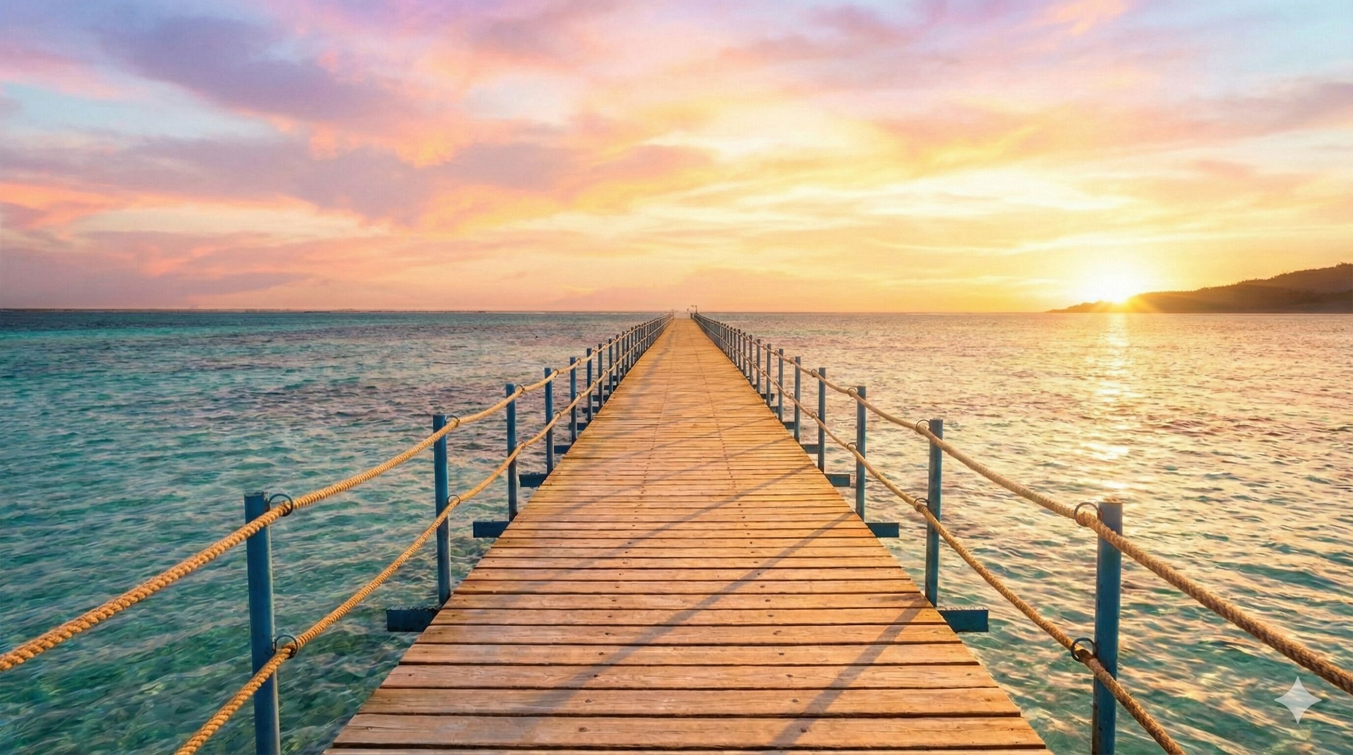 A wooden pier extending into the sea with railings on both sides.