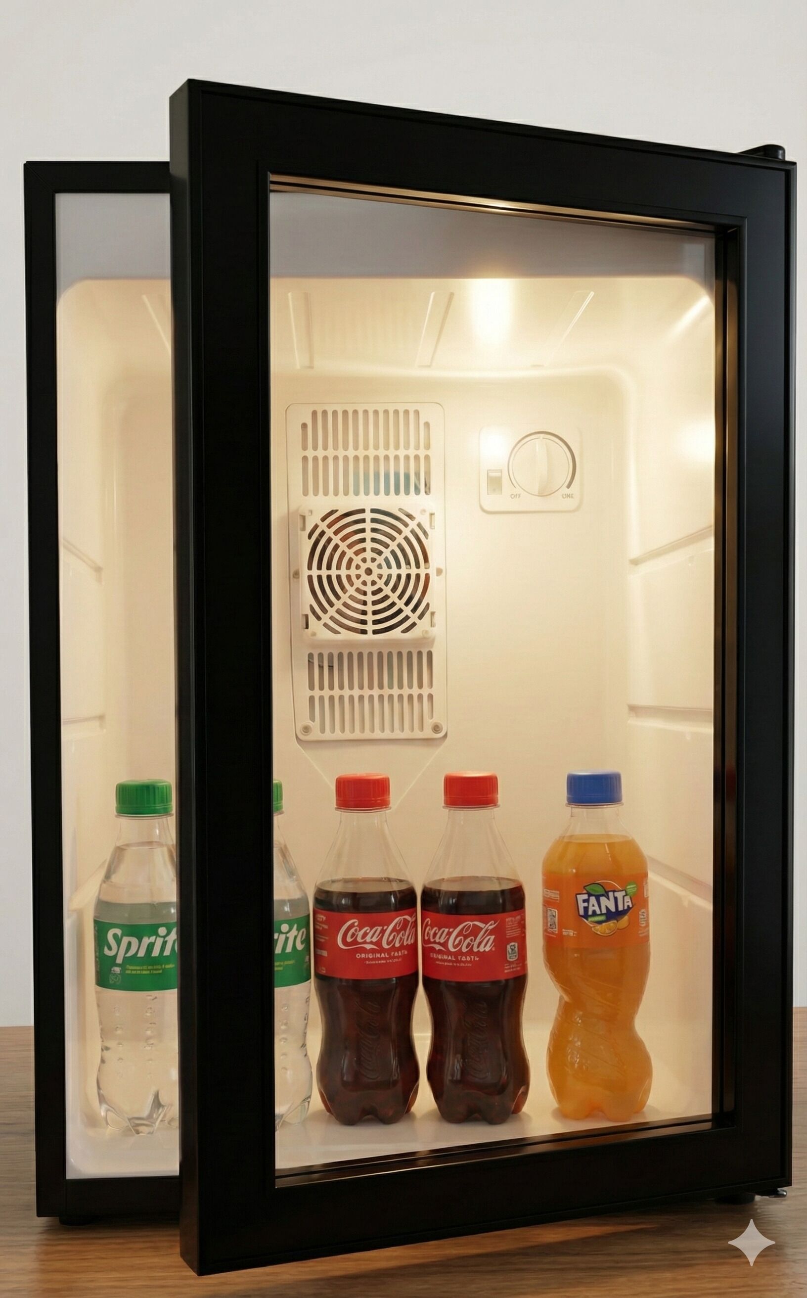 A mini-fridge with a black frame containing three bottles of beverages: Sprite, Coca-Cola, and Fanta.