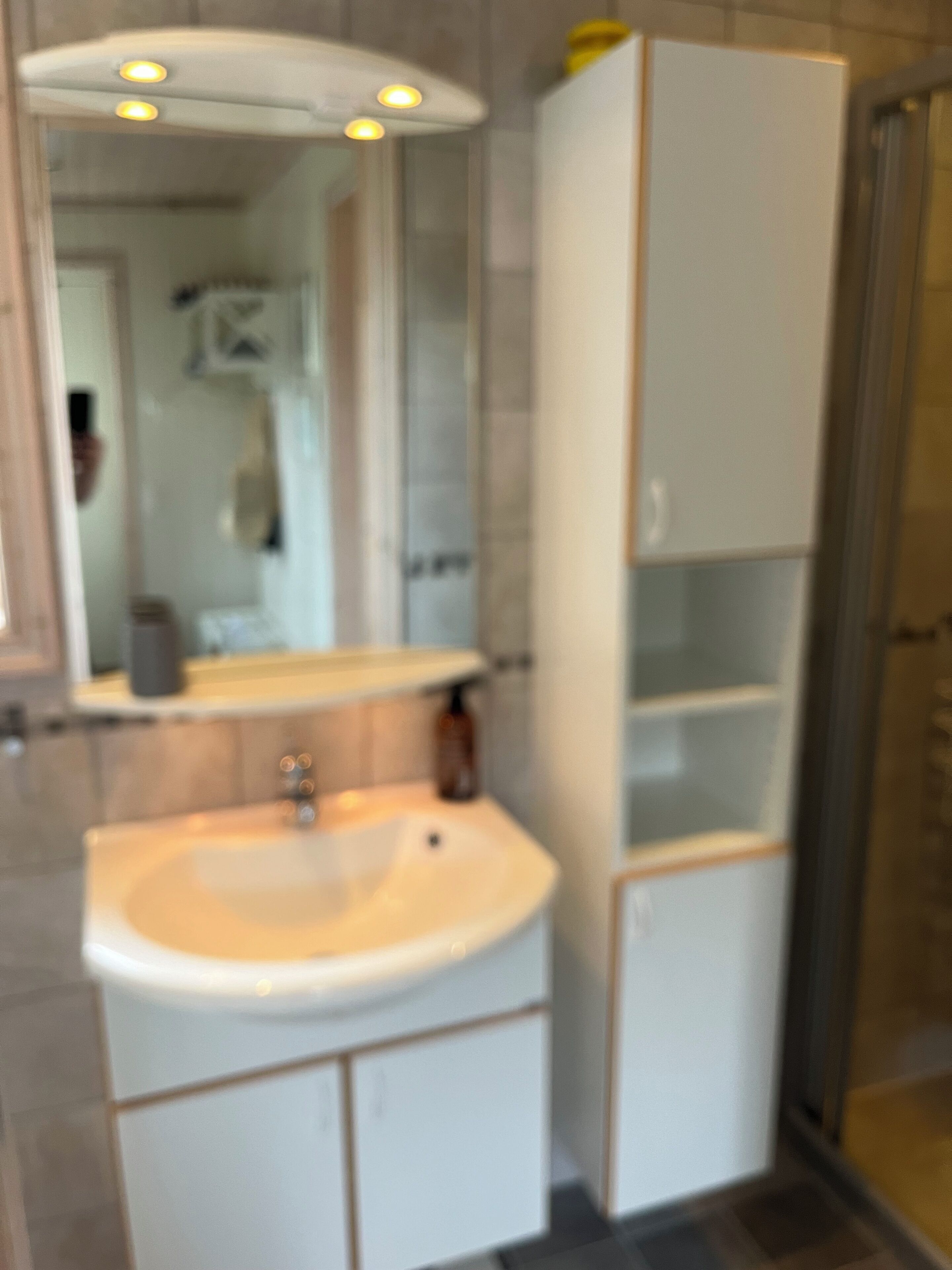 Un baño con lavamanos, espejo y armarios.