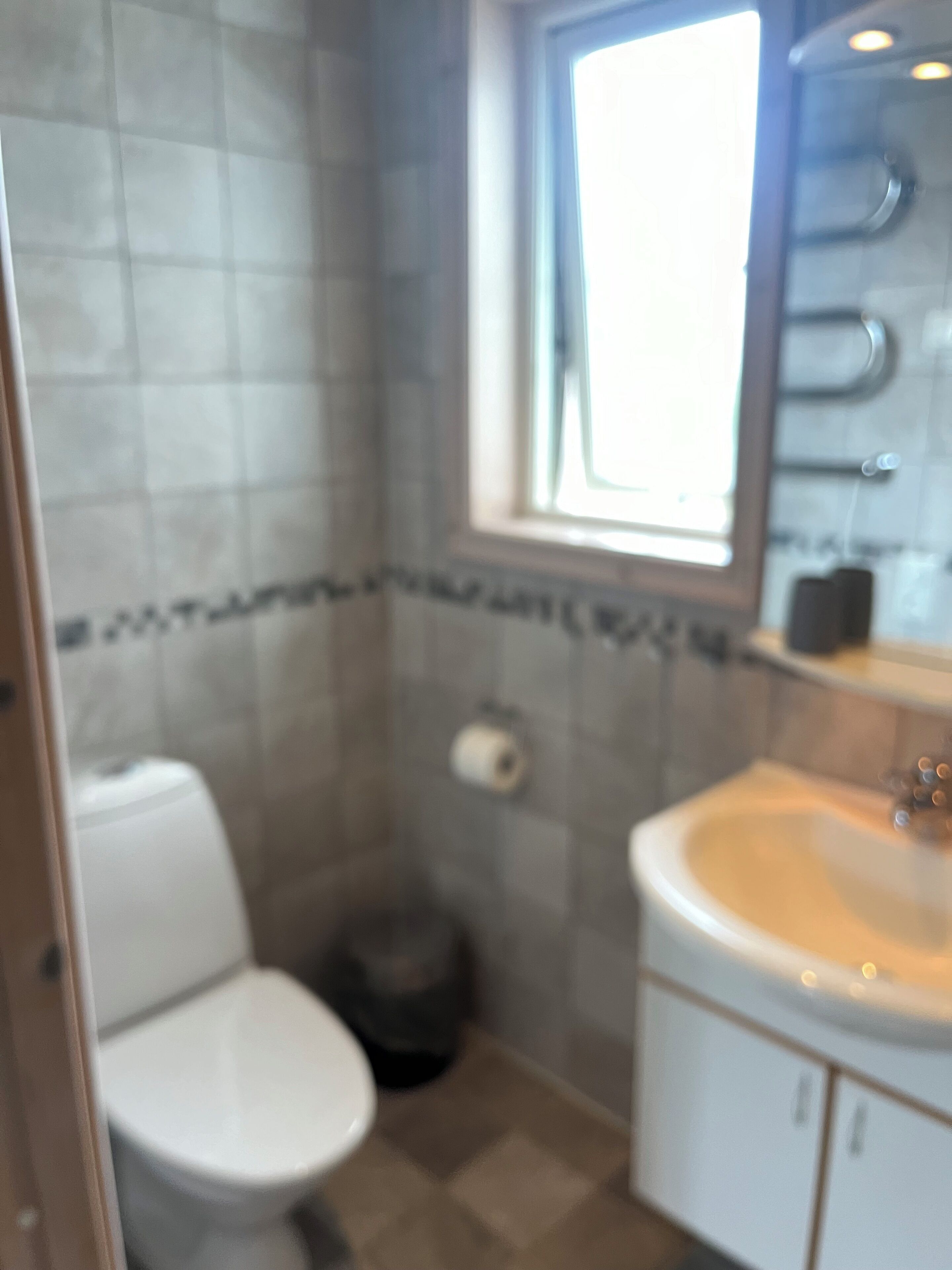 Une salle de bain avec des toilettes, un lavabo et une fenêtre.
