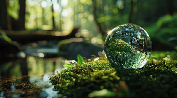 A glass sphere reflecting a forest scene with moss and a stream.
