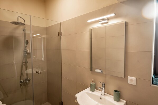 A modern bathroom with a glass-enclosed shower, a white sink, and a mirror above it.