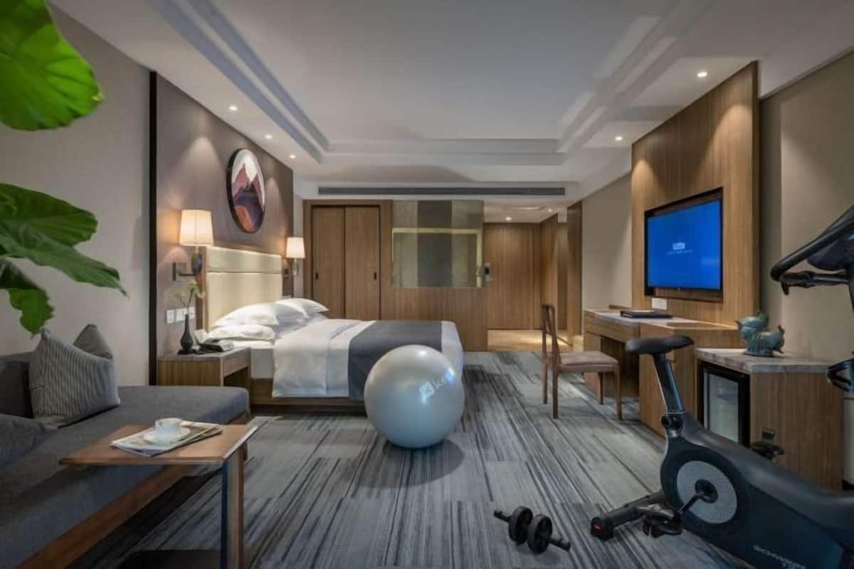 A hotel room with a bed, exercise ball, dumbbells, a TV, a desk, and a sofa.