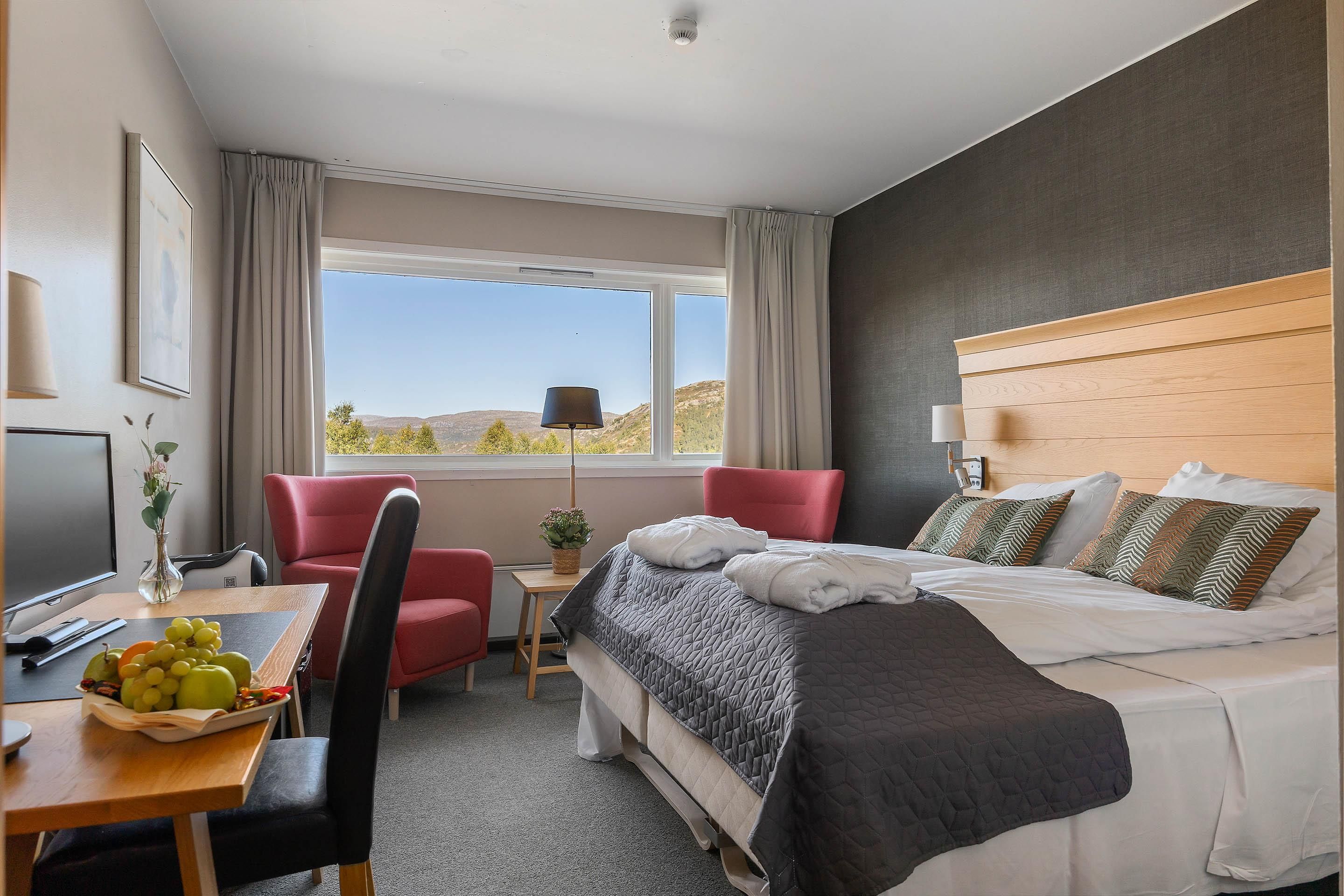 Una habitación de hotel con cama, escritorio, silla y vistas al exterior.