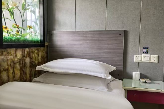 Quarto de hotel com cama, mesa de cabeceira, tomada na parede e janela com vista para plantas.