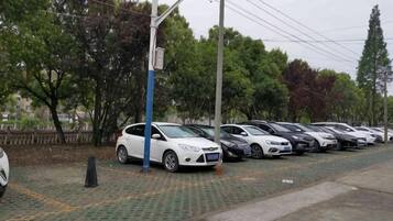 Una fila de autos estacionados a lo largo de una calle pavimentada, con árboles al fondo.