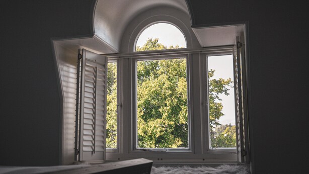 Ein Zimmer mit großem Fenster, einer Leiter und Blick auf Bäume.