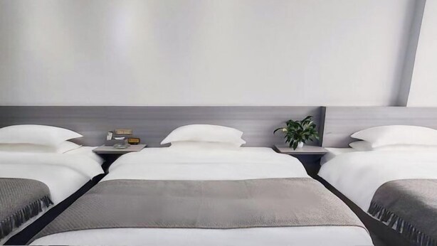 Ein modernes Hotelzimmer mit einem großen Bett, zwei Nachttischen und einer kleinen Pflanze.