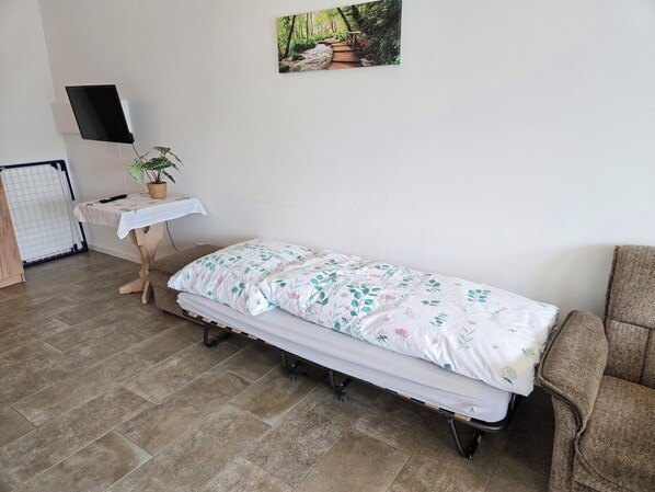 A single bed with a floral bedspread, a small table with a plant, a TV on the wall, and a chair.
