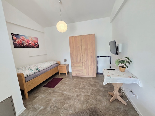 A bedroom with a bed, bedside table, lamp, TV, potted plant, and a wooden wardrobe.