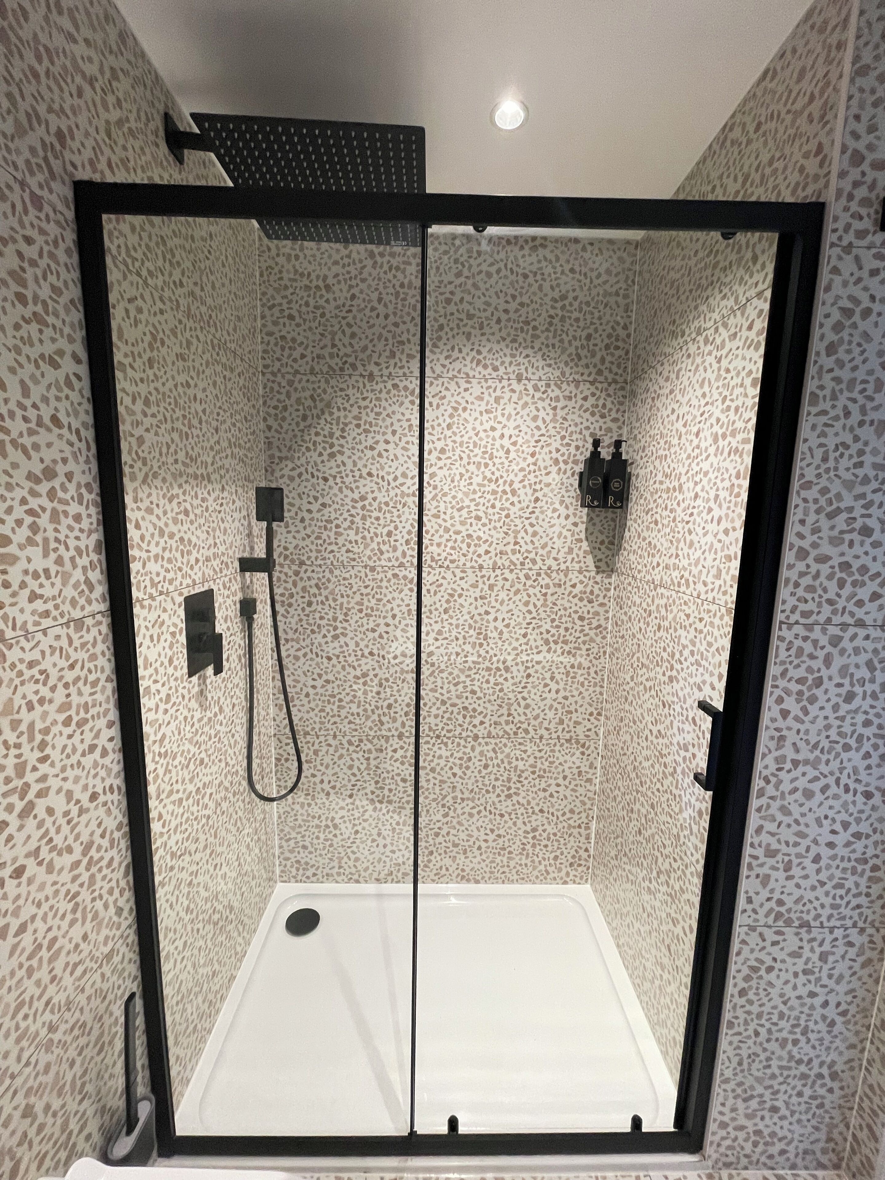 A modern shower enclosure with a glass door, a handheld showerhead, and a wall-mounted control panel.