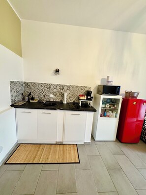 Fridge, microwave, stovetop, coffee/tea maker