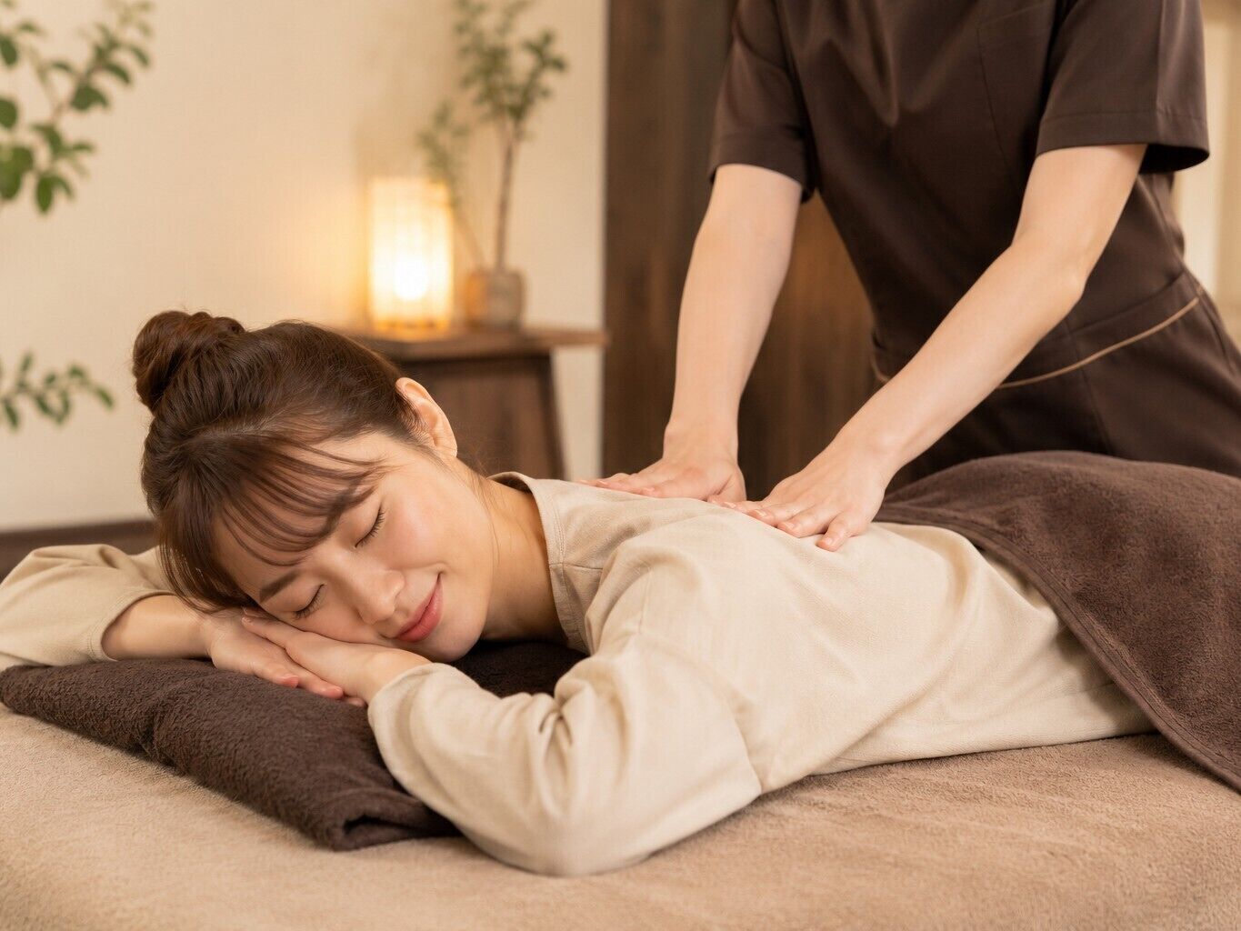 A person receiving a massage in a room with a bed, a small table with a lamp, and a plant.