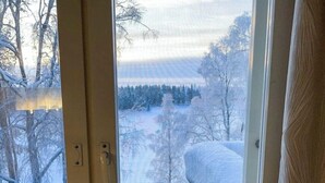 Una habitación con ventana que da a un paisaje nevado, un radiador y una caja de pañuelos sobre una mesita.