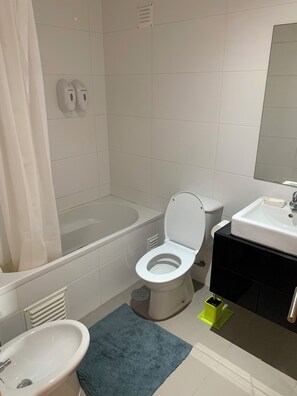 Hair dryer, bidet, towels, toilet paper