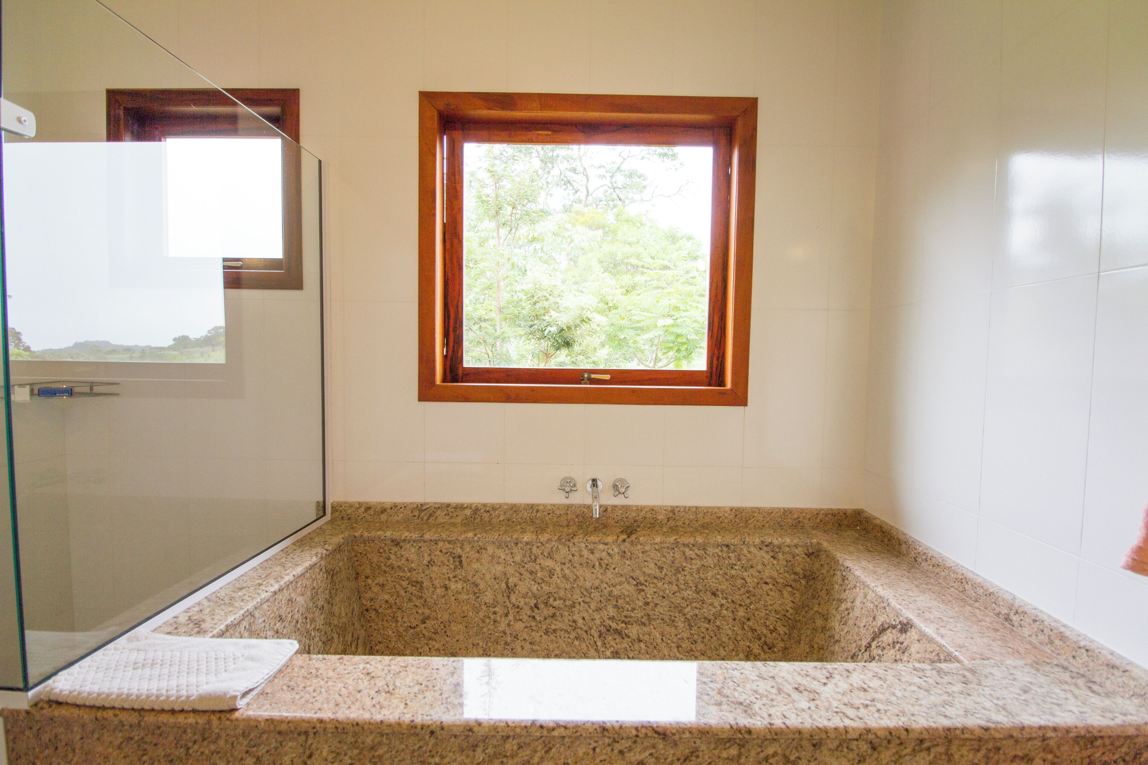 A bathroom with a granite sink, a glass shower enclosure, and a window with a view of greenery.