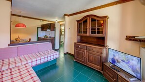 A room with a checkered sofa, wooden cabinets, a television, and a kitchen area in the background. - Grange Hike Ski - 35C Sestriere (Sauze di Cesana)