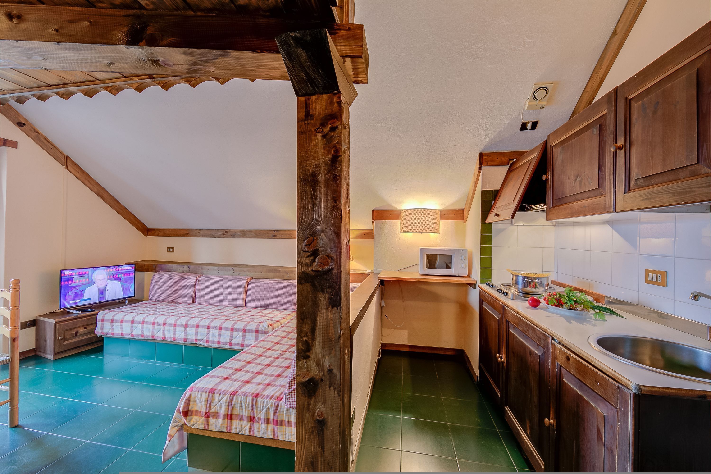 A bedroom with a bed, a television, and a kitchenette with cabinets and a microwave.