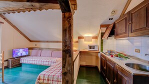 Een slaapkamer met een bed, een televisie en een kitchenette met kastjes en een magnetron.
