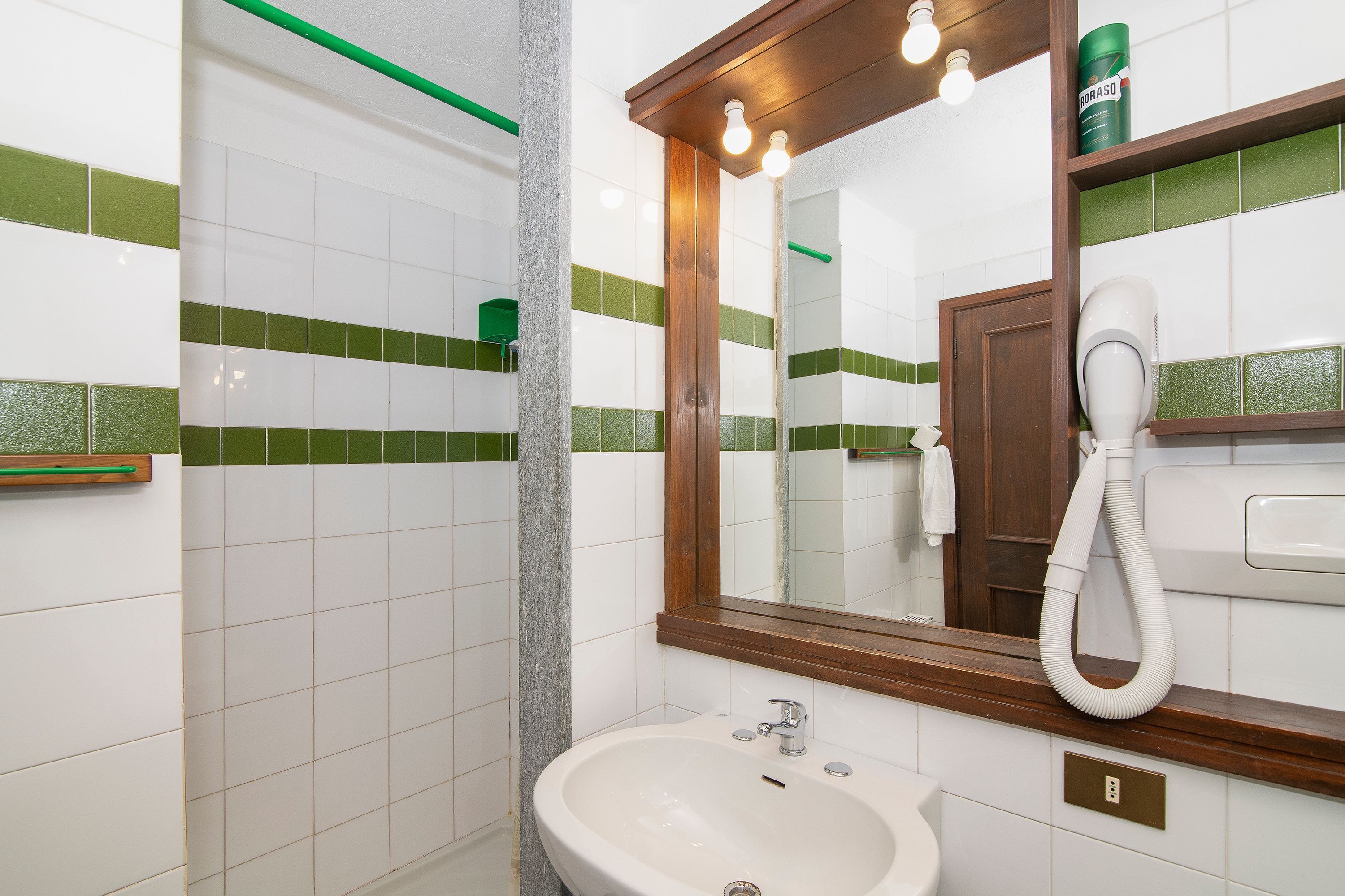 A bathroom with a sink, mirror, and hairdryer.