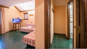 Une petite chambre confortable avec deux lits, une télévision et une fenêtre.