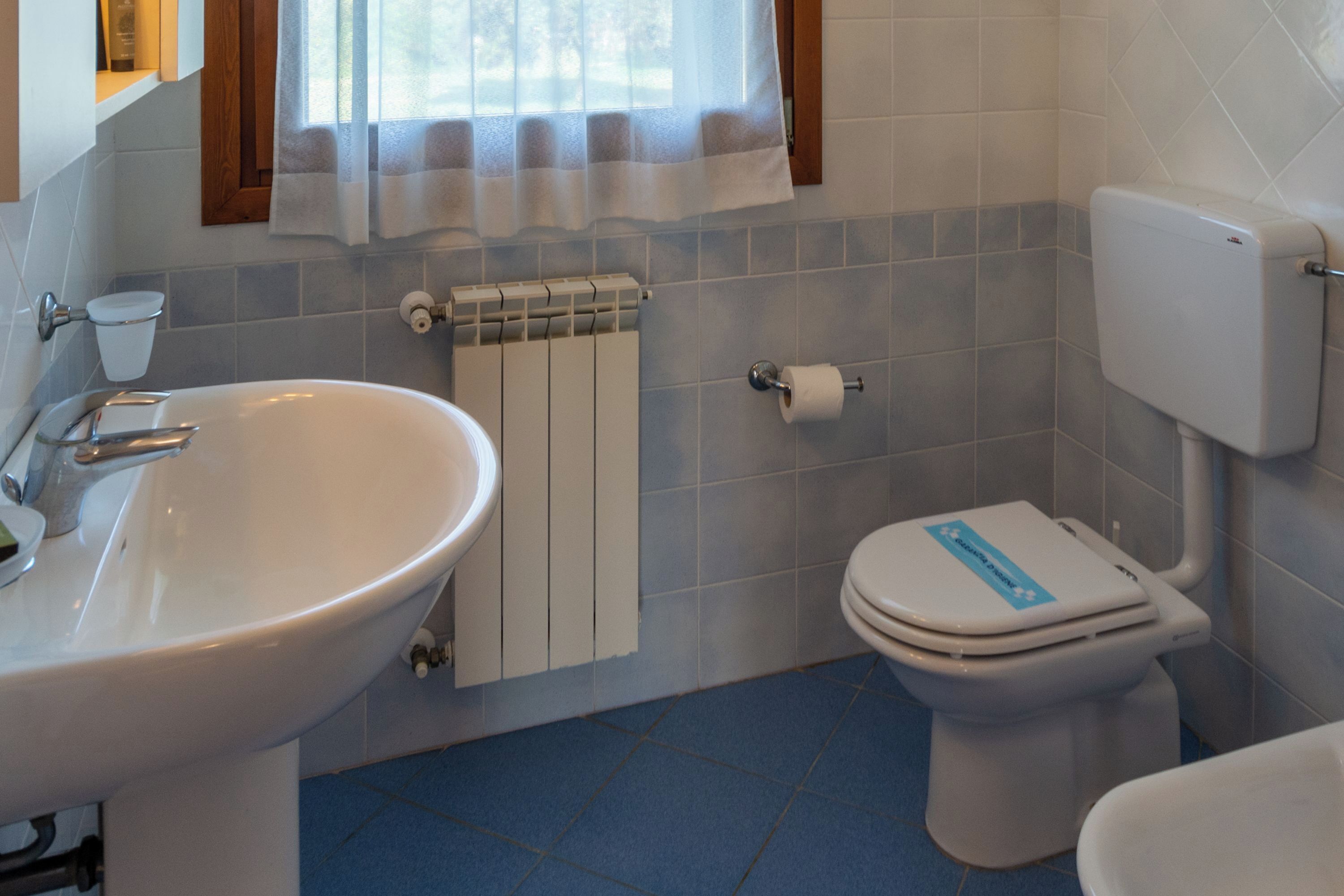 Un bagno con lavandino, water e una finestra con tenda.