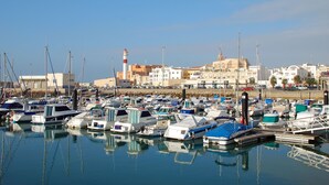 Ένα λιμάνι με πολλά αγκυροβολημένα σκάφη, έναν επιβλητικό φάρο και ένα εντυπωσιακό φόντο από κτίρια.