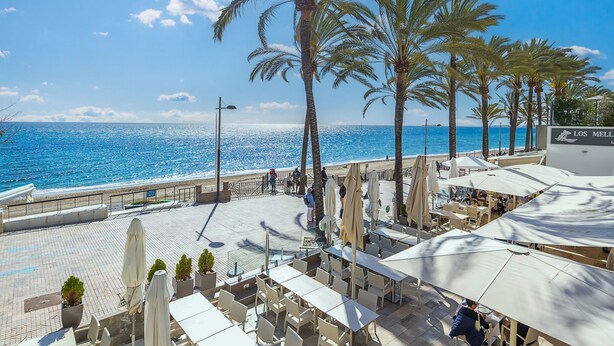Une terrasse en bord de mer avec des places assises à l’extérieur, des palmiers et une vue sur l’océan.