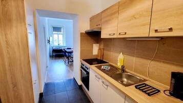 Fridge, oven, stovetop, cookware/dishes/utensils