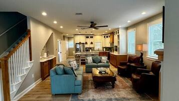 Smart TV, fireplace, books