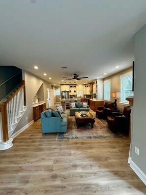 Smart TV, fireplace, books