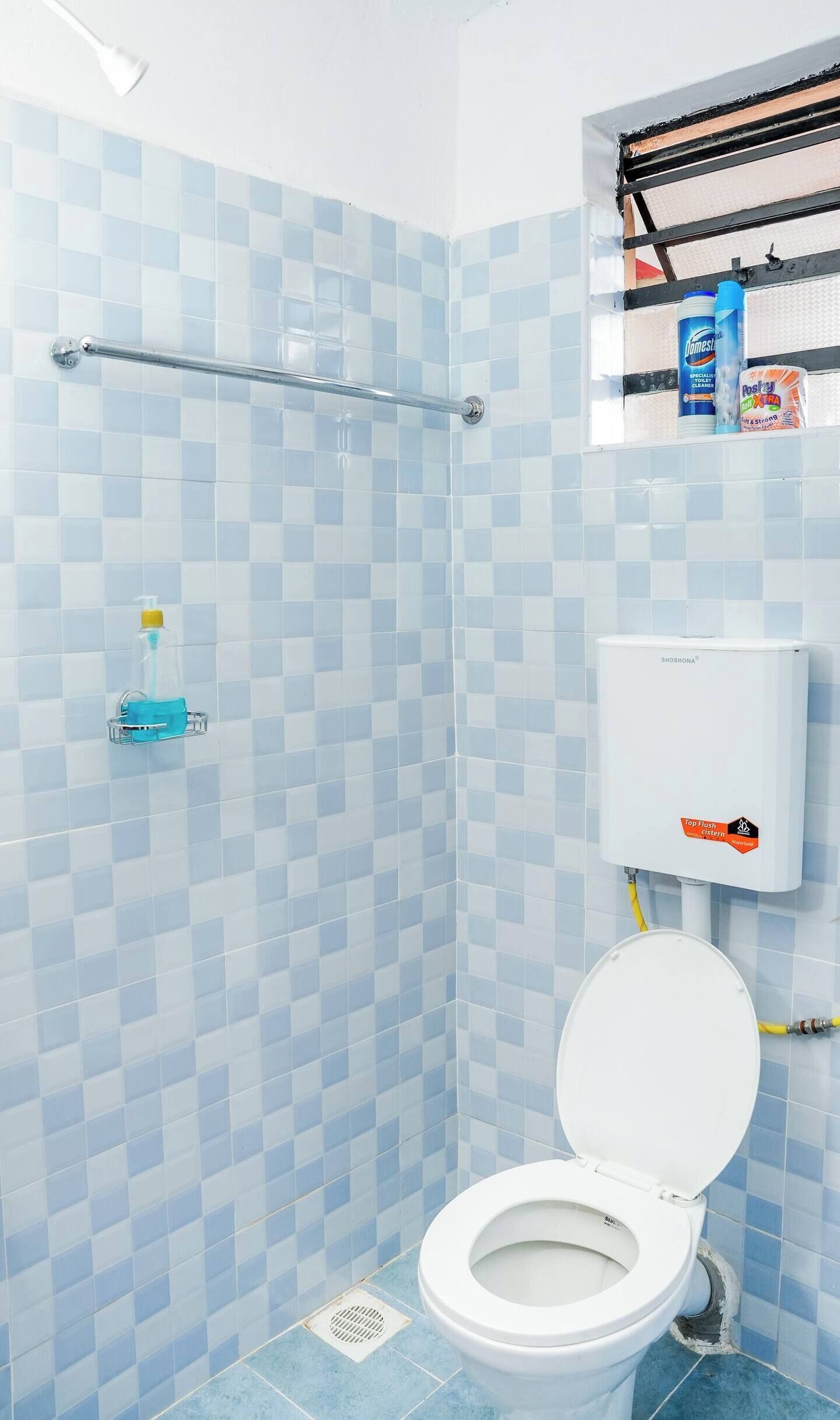 A bathroom with a toilet, a shower area, and a shelf with cleaning products.