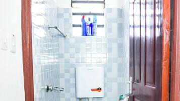 Shower, free toiletries, slippers, towels