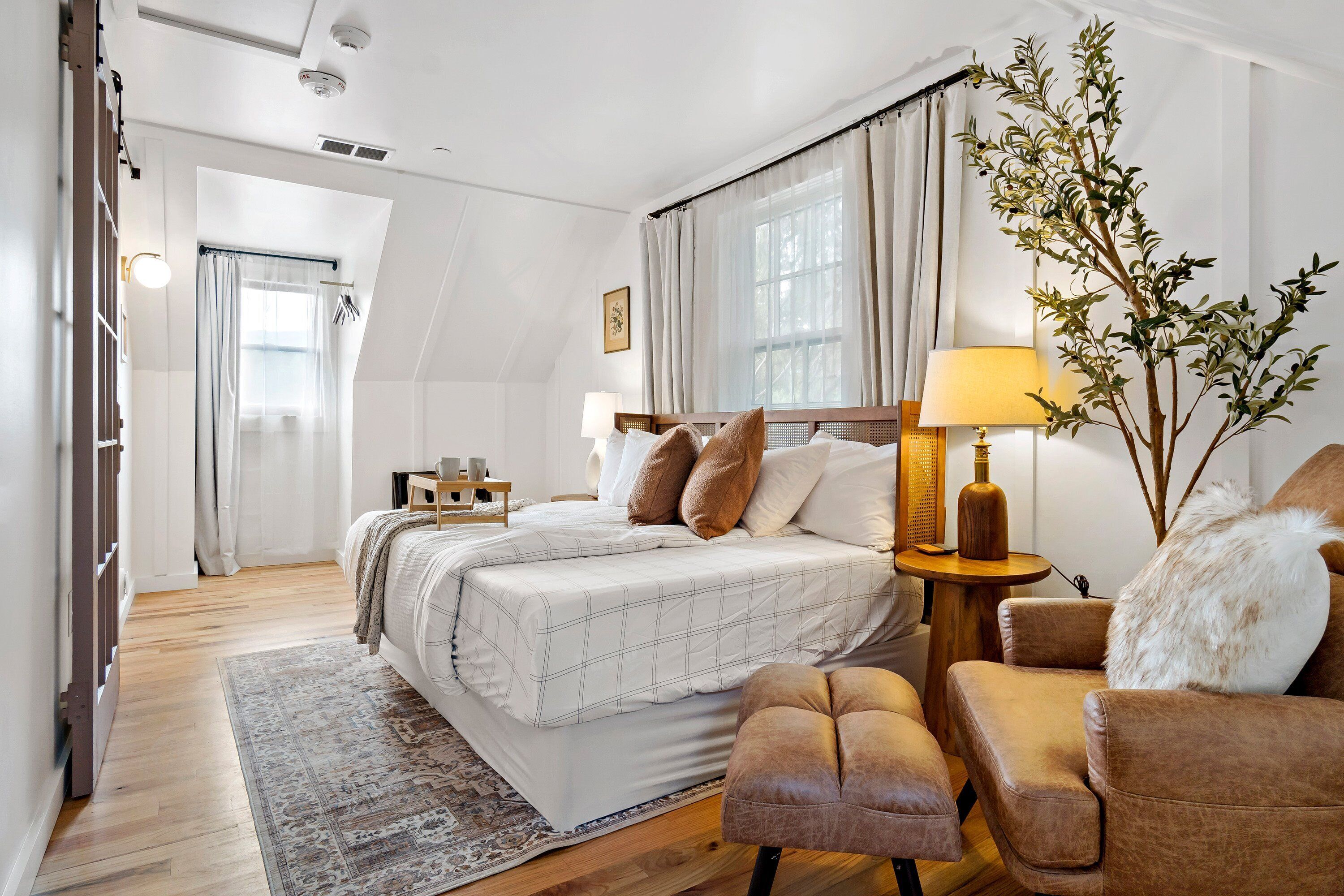 Un dormitorio con una cama grande, una mesita de noche con lámpara, una silla y una planta decorativa.