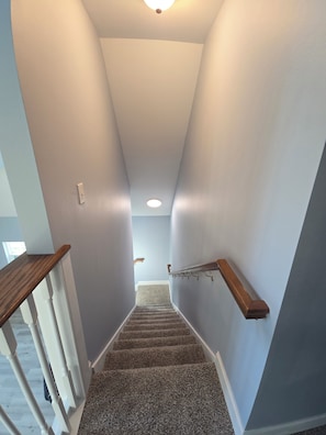 Una escalera con peldaños alfombrados, barandillas de madera y un accesorio de iluminación en el techo.