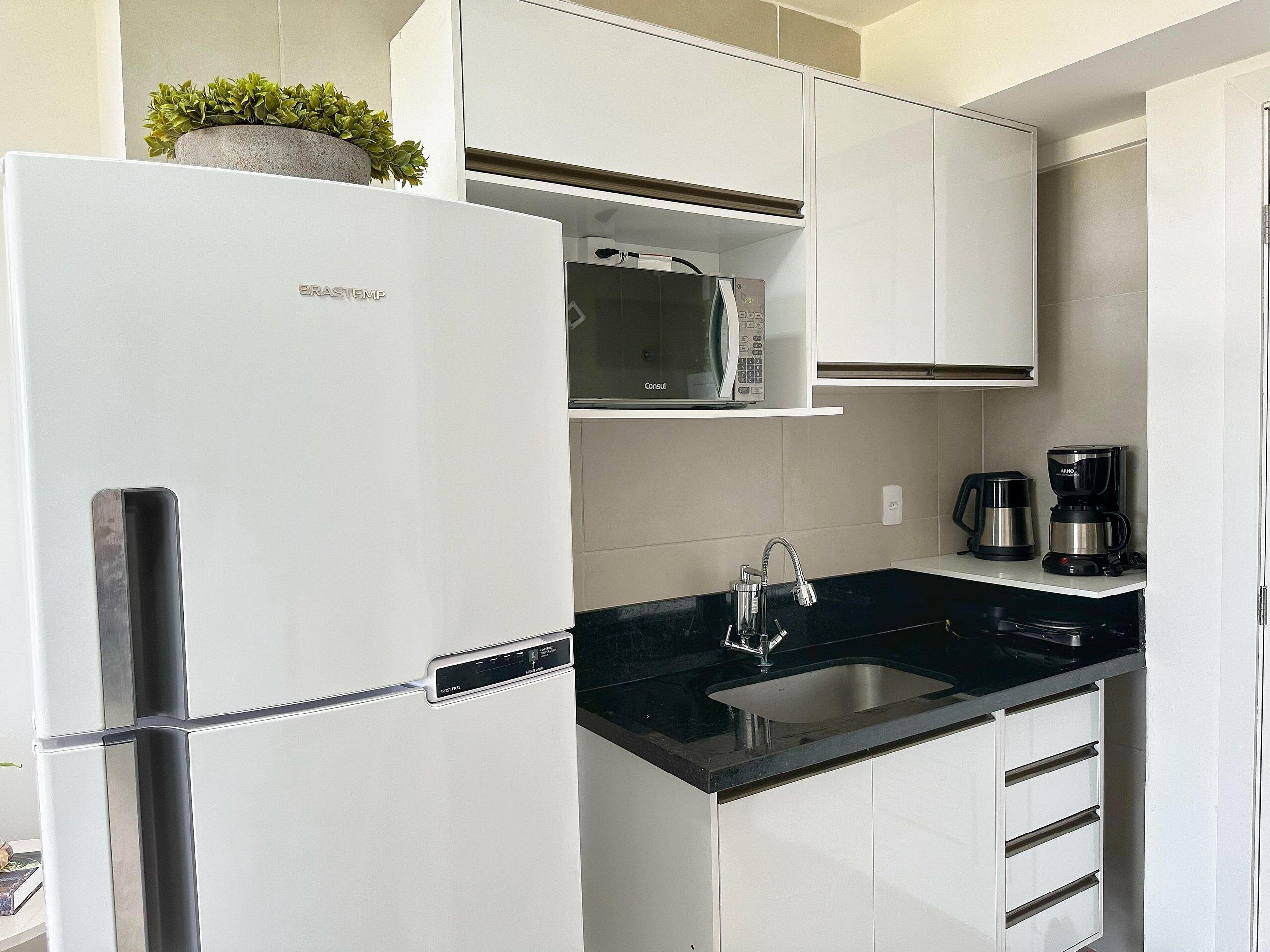Apartamento elite | Cozinha privada | Geladeira, micro-ondas, cafeteira/chaleira, liquidificador