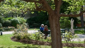 A park with a tree, a statue, and a bench. -  Hôtellerie de L'enclos Rey (Paris)