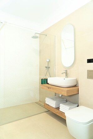 Shower, designer toiletries, hair dryer, bidet