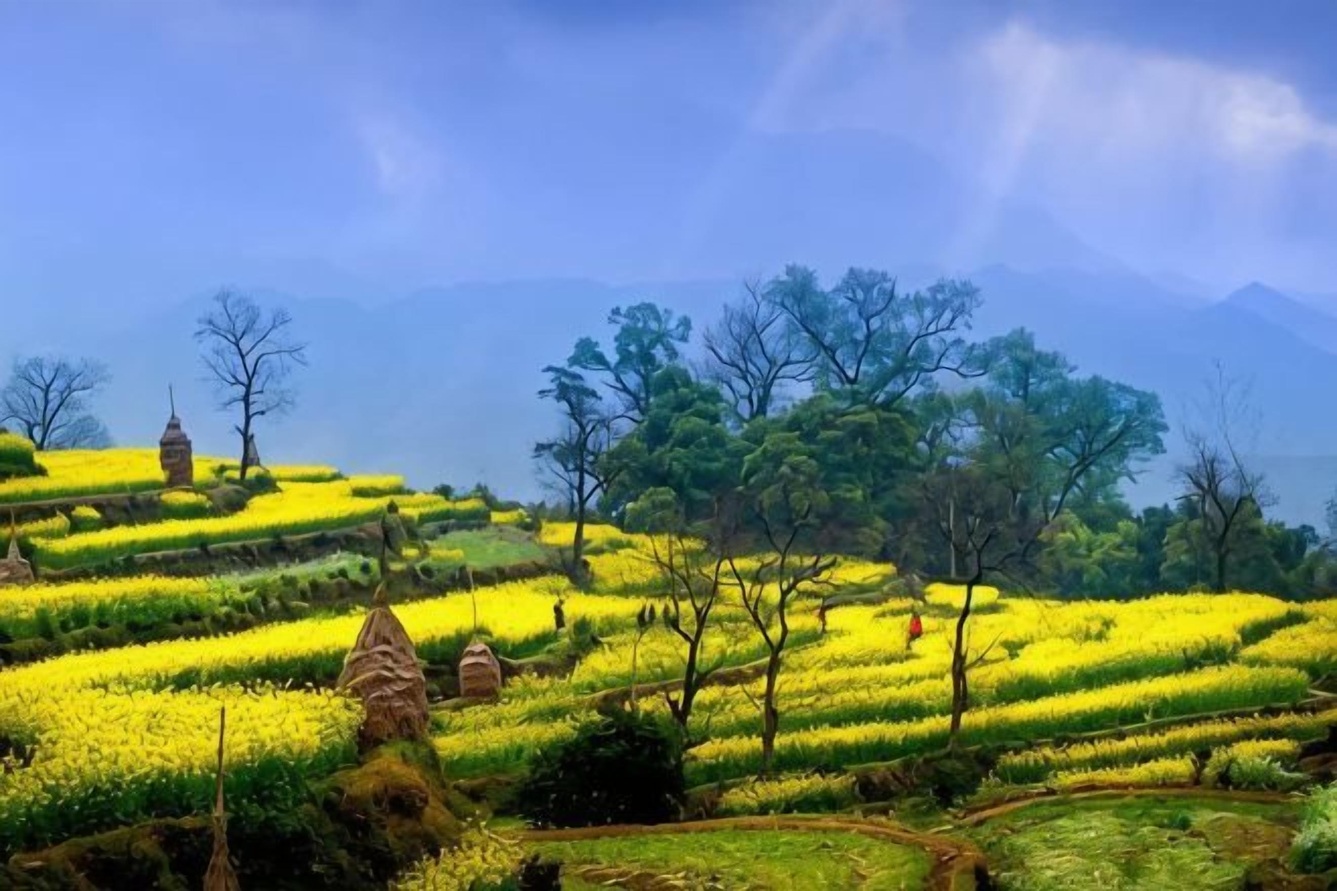Terraced fields with traditional structures, likely a rural or historical site.