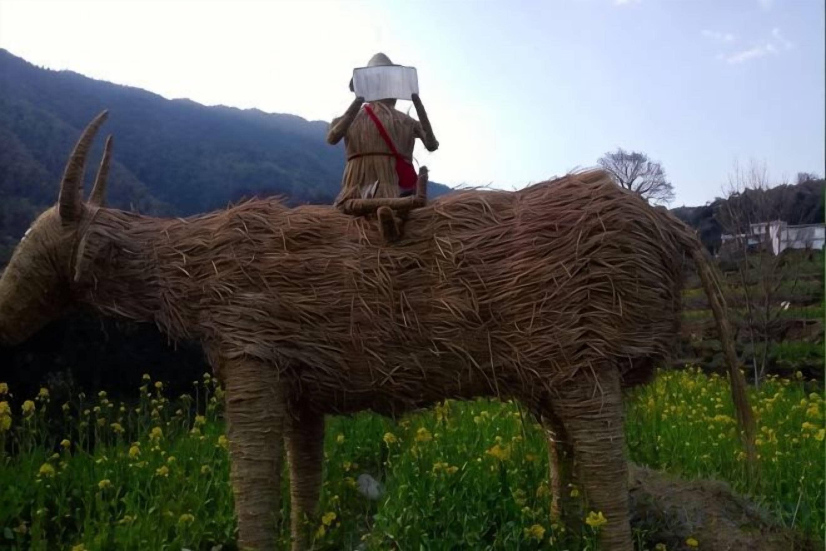 A straw figure of a person riding a straw horse in a field with yellow flowers and mountains in the background.