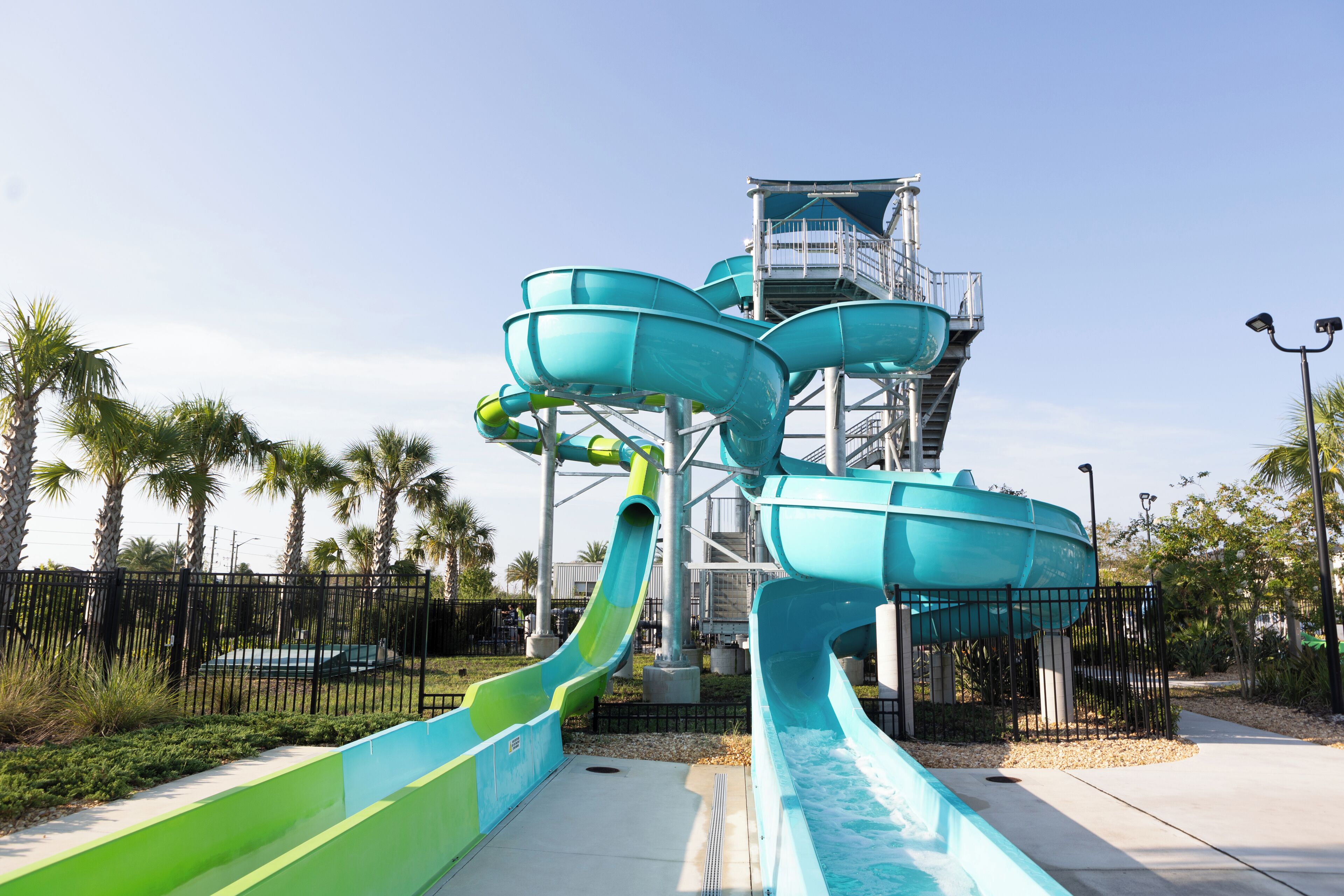 A water park with multiple slides and a central tower structure.