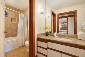Hair dryer, towels, soap, shampoo