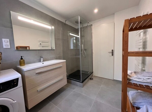 Shower, hair dryer, towels