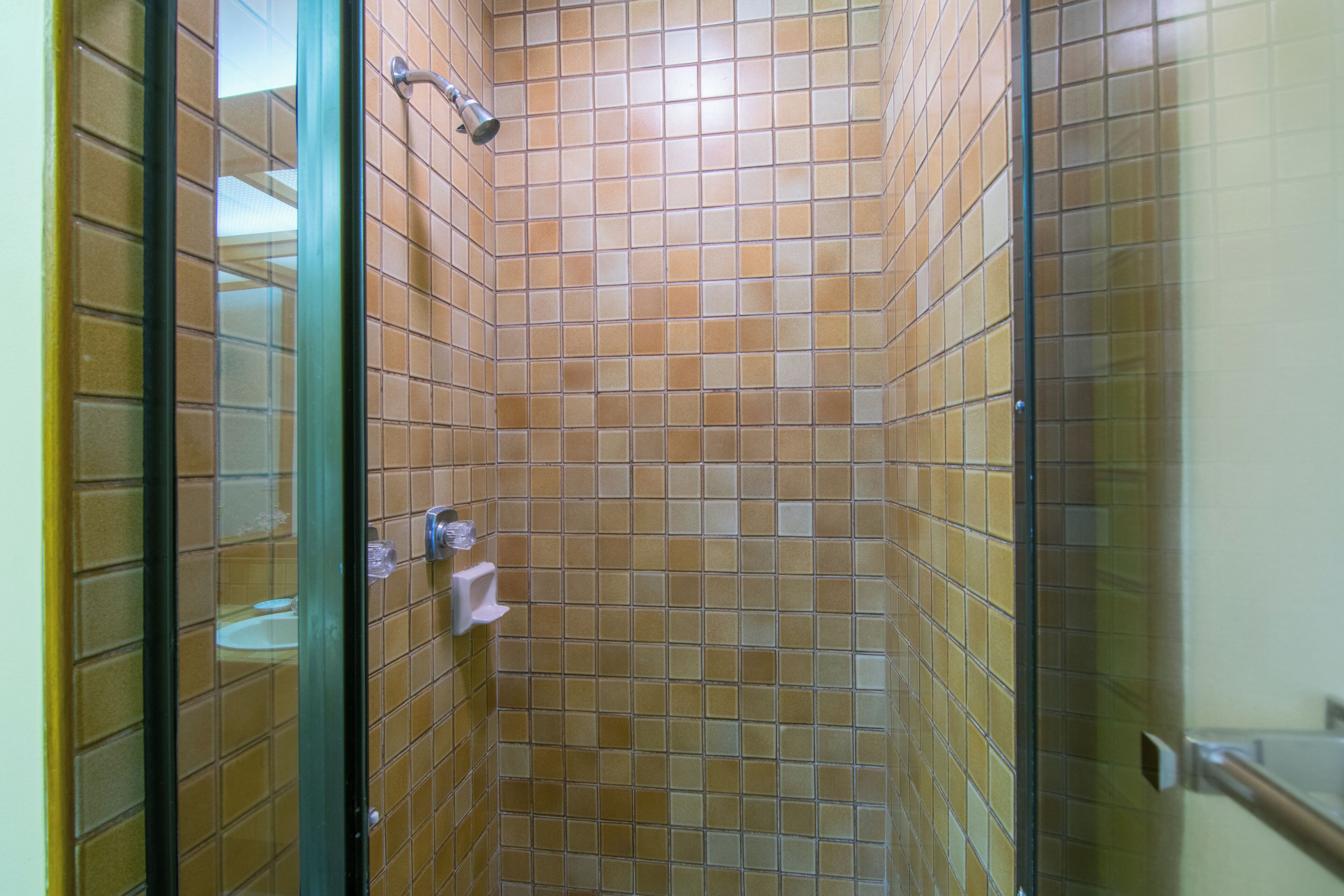 Un box de ducha con azulejos, una puerta de cristal, un cabezal de ducha y un dispensador de jabón.
