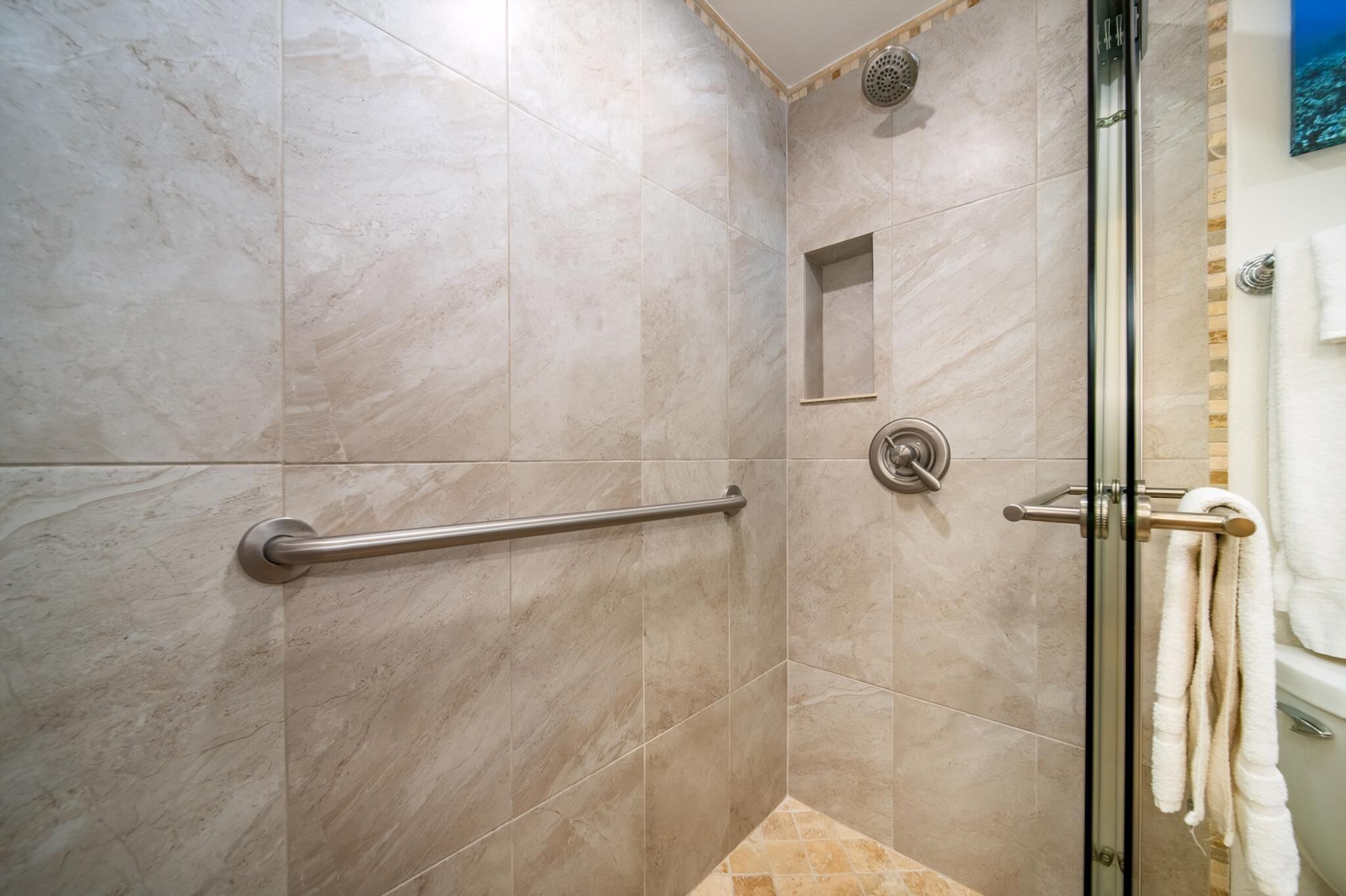 A shower area with a glass door, a handrail, and a towel rack.