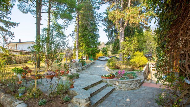 A stone pathway leading to a house surrounded by lush greenery and potted plants. - Charming Villa I Tre Archi (Pisano)